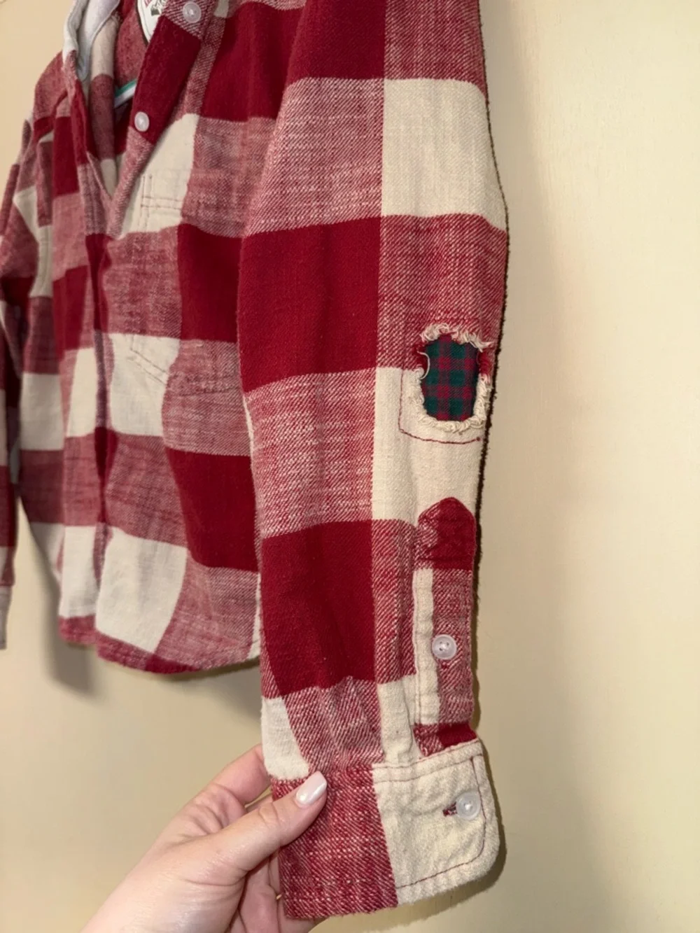 American Eagle Outfitters Red & Cream Plaid Hooded Button-Down - Cropped - Picture 6 of 8